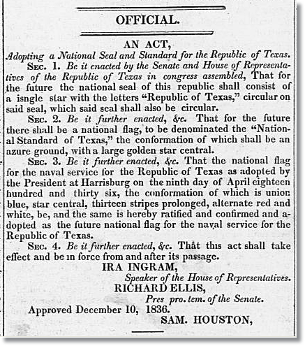 Texas Flag adopted 1836